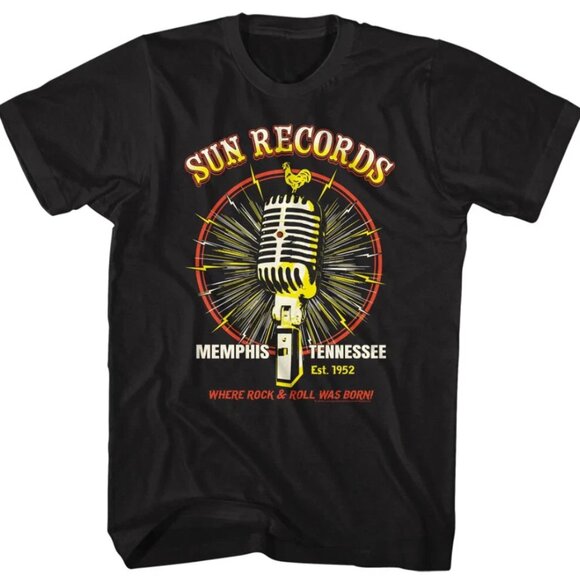 Sun Records Microphone Burst Black T-Shirt Rock ’n’ Roll Music Tee 140 - Picture 1 of 5